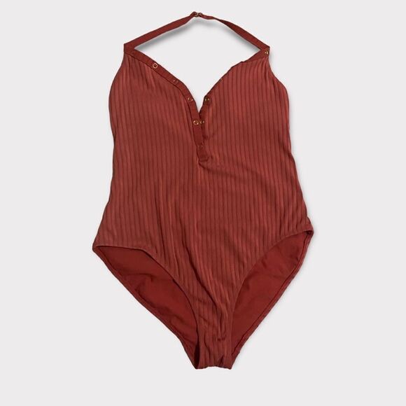 Burnt Orange Brick Ribbed Halter Top Bodysuit - Picture 1 of 6